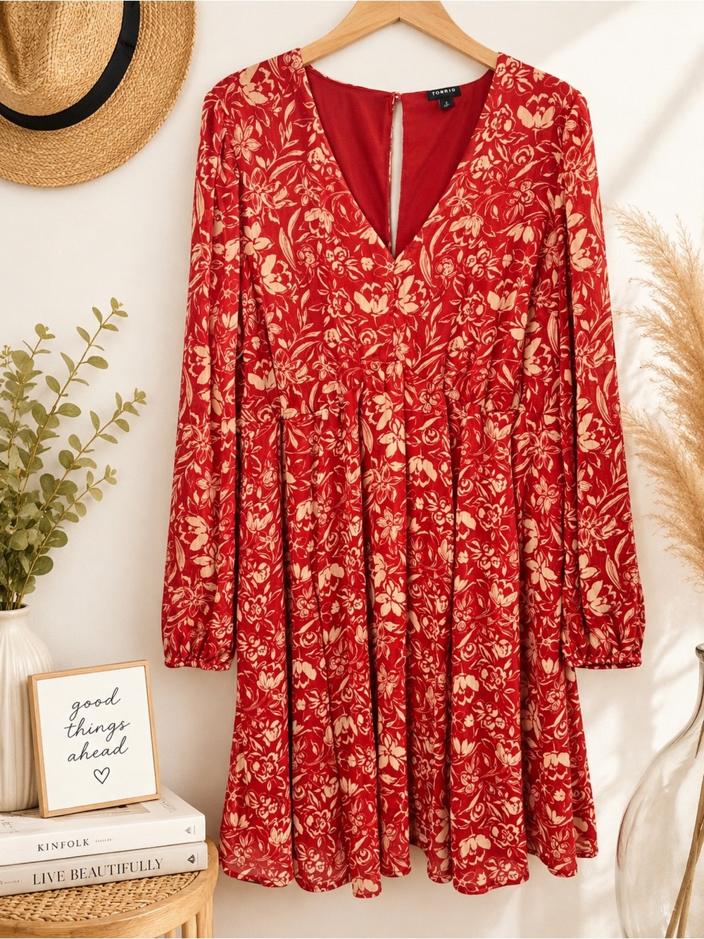 torrid Red Floral V-Neck Long Sleeve Mini Dress